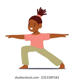 African American Girl Peacefully Practicing Yoga. Child Character Stretching And Balancing Body, Fostering Mindfulness And Relaxation In A Playful And Healthy Way. Cartoon People Vector Illustration