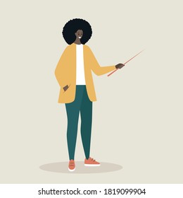 African American girl with a pointer in her hand. Flat character vector illustration