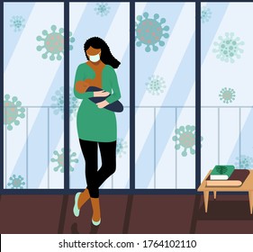 African American girl in protective mask stands and breastfeeds the baby. in the background - the Covid-19 molecule flies outside window. Support for breastfeeding. protection of mothers and newbon