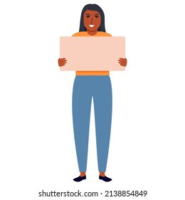 The african american girl protests with a banner.Girl holding a blank poster with place for text.Vector flat illustration. Isolated on white background.