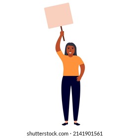 The african american girl protests with a banner.Girl holding a blank poster with place for text.Vector flat illustration. Isolated on white background.