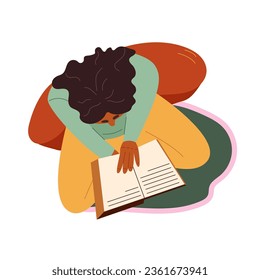 African american girl reading a book, top view. Young woman studying literature at home while sitting in a comfortable position. Flat vector illustration isolated on white background