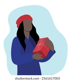 African American girl in red beret with gift in hands, faceless illustration, flat style, isolate on white background