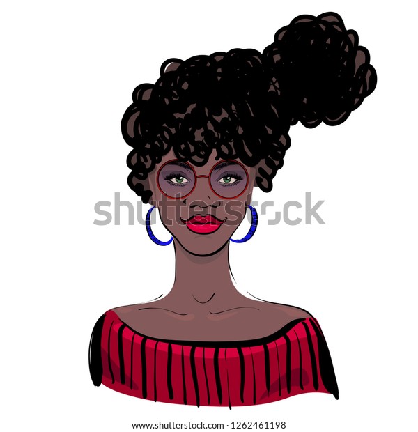 African American Girl With Red Lips With Glasses In Color Hand Drawing