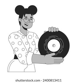 African american girl showing vinyl record black and white 2D line cartoon character. Gen z black woman retro music lover isolated vector outline person. Nostalgia monochromatic flat spot illustration