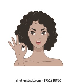 African American girl shows OK gesture. Vector illustration in cartoon style