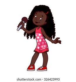 African American Girl Singing With Microphone. Vector Clip-art Illustration On A White Background. Cartoon Character.