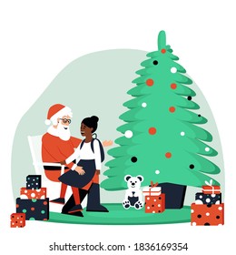 An African American girl sits in the arms of Santa Claus. Happy girl visiting Santa Claus. Santa sits near an elegant Christmas tree and gifts. Flat vector illustration.