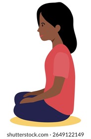 African american girl sitting calmly children’s mat. Child focused student school classroom. Child education, learning concept for kindergarten material.
