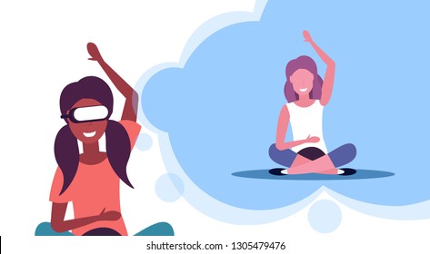 african american girl sitting lotus pose wearing digital glasses virtual reality woman doing yoga exercises meditation online training vision headset concept flat horizontal