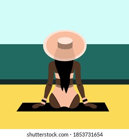 African American girl sitting on beach, back view, beautiful young woman enjoying summer vacation on seashore. vector Illustration.