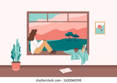 African american girl sitting at the window, dreaming, looking out, watching sunset, drinking tea or coffee flat cartoon vector illustration. Woman spending evening time at home. Introversion, harmony