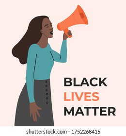 African American girl speak into a loudspeaker, black lives matter. Vector illustration in flat cartoon style on isolated background. 