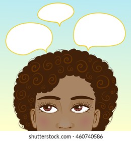 African American girl with speech bubbles around head, conceptual vector image, lot of ideas, eps10