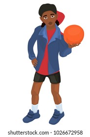 African american girl in sporty clothes and shoes with basketball