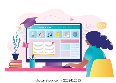 African American girl student studying online. Distance education, home schooling. Internet education technologies. Smart schoolgirl is sitting at workplace and looking at monitor. Vector illustration