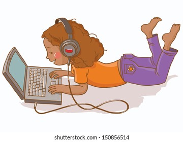 African American Girl studying with computer. School activities. Back to School isolated objects on white background. Great illustration for a school books and more. VECTOR.