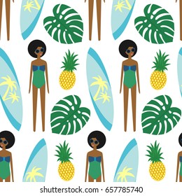 African american girl with surfboard and pineapple seamless pattern on white background. Summer illustration with cute girl in swimsuit. Fashion design for textile, wallpaper, fabric, decor.