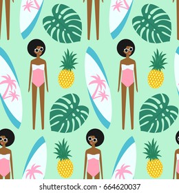 African american girl with surfboard and pineapple seamless pattern on mint green background. Summer illustration with cute girl in swimsuit. Fashion design for textile, wallpaper, fabric, decor.