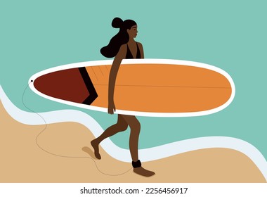 African American girl is surfing. Young woman with a surfboard in full growth on the background of the waves. port lifestyle. Summer rest. The concept of female power. Surfers on the beach. Vector 