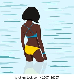 African American girl in swimsuit goes swimming in sea. View from back. vector illustration.