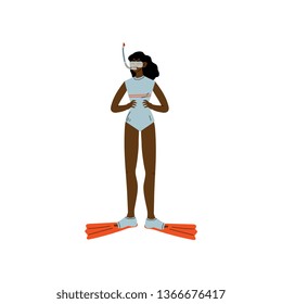 African American Girl in Swimsuit with Scuba and Flippers, Beautiful Woman Relaxing at Beach on Summer Vacations Vector Illustration