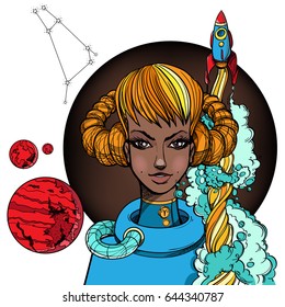 African American girl. Girl symbolizes the zodiac sign Aries. Color illustration with the image of women.