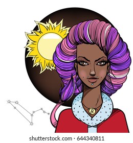 African American girl. Girl symbolizes the zodiac sign Leo. Color illustration with the image of women.