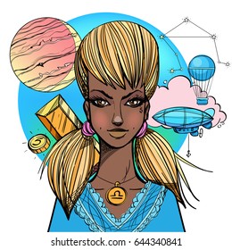 African American girl. Girl symbolizes the zodiac sign Libra. Color illustration with the image of women.