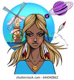 African American girl. Girl symbolizes the zodiac sign Aquarius. Color illustration with the image of women.