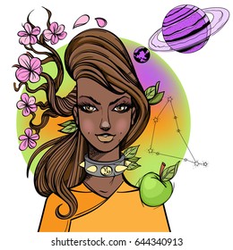 African American girl. Girl symbolizes the zodiac sign Capricorn. Color illustration with the image of women.