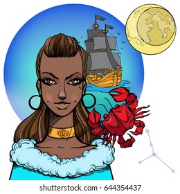 African American girl. Girl symbolizes the zodiac sign Cancer. Color illustration with the image of women.