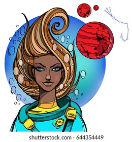 African American girl. Girl symbolizes the zodiac sign Scorpio. Color illustration with the image of women.