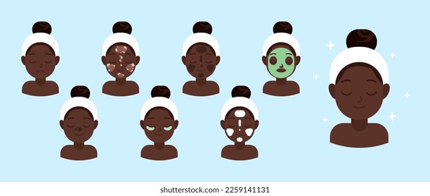 African american girl takes care of her face. Step by step instructions on how to use a cosmetic mask. The concept of skin care, hygiene and hydration. Set of flat vector illustrations and icons.