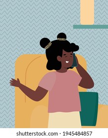 African american girl talks mobile phone at home, cartoon vector illustration.