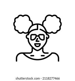 African American girl with two side buns hairstyle, cute sunglasses and earrings. Pixel perfect, editable stroke avatar icon
