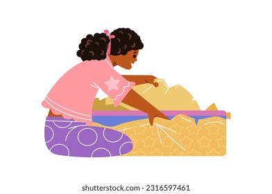 Niña afroamericana desenvolviendo caja de regalo ilustración vectorial plana aislada en blanco. 