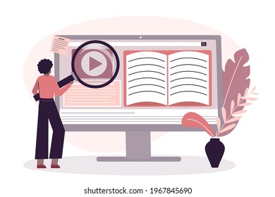 African american girl uses magnifying glass and look for information. Black woman searching for courses or webinar on computer screen. Technology online search concept. E-learning. Vector illustration