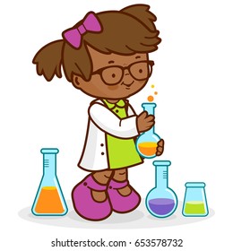 African American girl using chemistry test tubes and doing science experiments. Vector illustration
