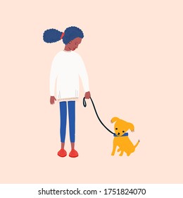 African American Girl Volunteering In Animal Shelter Walking Little Puppy. Vector Illustration For Pet Rescue Promotional Materials Or Website.