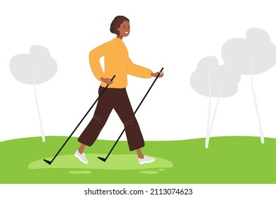 African American girl wearing casual clothes engaged in scandinavian walking in park. Nordic walking with special poles. Healthy lifestyle, leisure time, outdoor sport. Colored flat cartoon vector