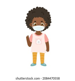 African american girl wearing medical face mack in coronavirus pandemic. Cut child with afro hair in protect mask.