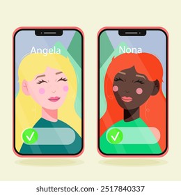 African American girl and white girl on call screen. Flat design style. Vector illustration.eps