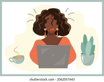 African American girl working on a laptop. Stress due to computer problems, professional burnout, overwork in the office or freelancing, bad news on the Internet. Vector isolated illustration. Flat