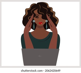 African American girl working on a laptop. Stress due to computer problems, professional burnout, overwork in the office or freelancing, bad news on the Internet. Vector isolated illustration. Flat