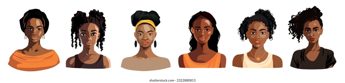 Afiches de chicas afroamericanas ambientadas. Retratos de mujeres jóvenes afro negras con peinados de moda, rizos, pelo ondulado y rizado. Ilustración vectorial gráfica plana aislada en fondo blanco