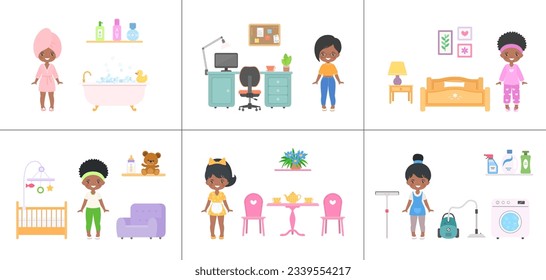 African American girls in different rooms. Doll house interior concept. Cartoon flat style. Vector illustration