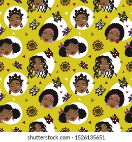 African American girls faces with different coiffures and butterflies seamless pattern in vibrant colors