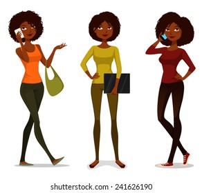 African American Girls With Mobile Phone Or Laptop. Beautiful Black Women In Casual Fashion. Cartoon Illustration.