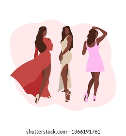 African American girls. Three dark-skinned women in beautiful evening dresses. Modern Vector Illustration in flat style. 